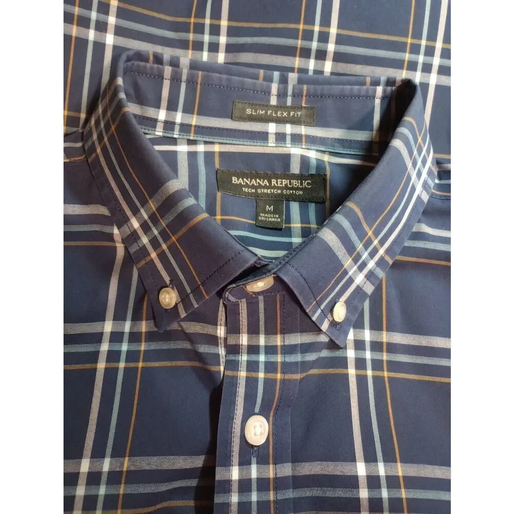 Banana‎ Republic Shirt Men's Medium Navy Button Front Long Sleeve Slim Flex Fit